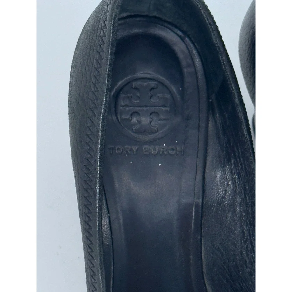 Tory Burch Wedge Heels Women 5 Black Leather Peep Toe Logo Medallion